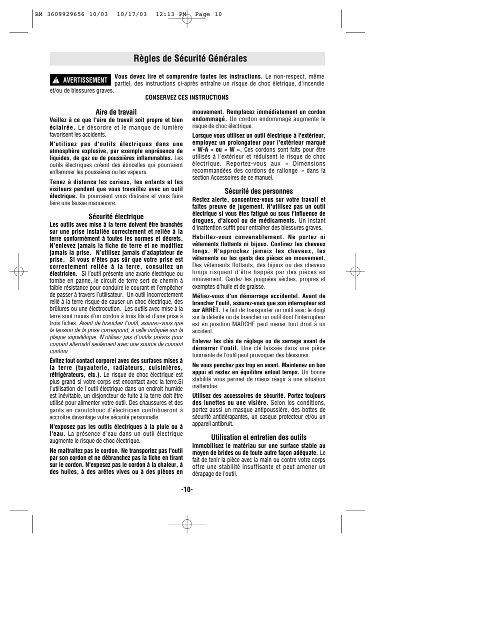 Règles de sécurité générales | Bosch 1404VSRL User Manual | Page 10 / 28