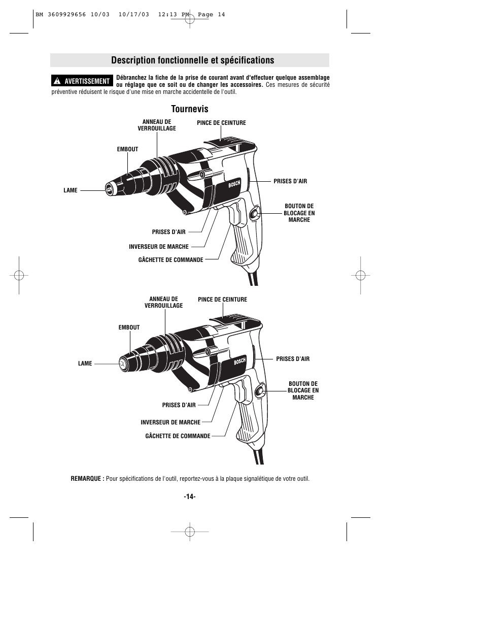 Description fonctionnelle et spécifications, Tournevis | Bosch 1404VSRL User Manual | Page 14 / 28