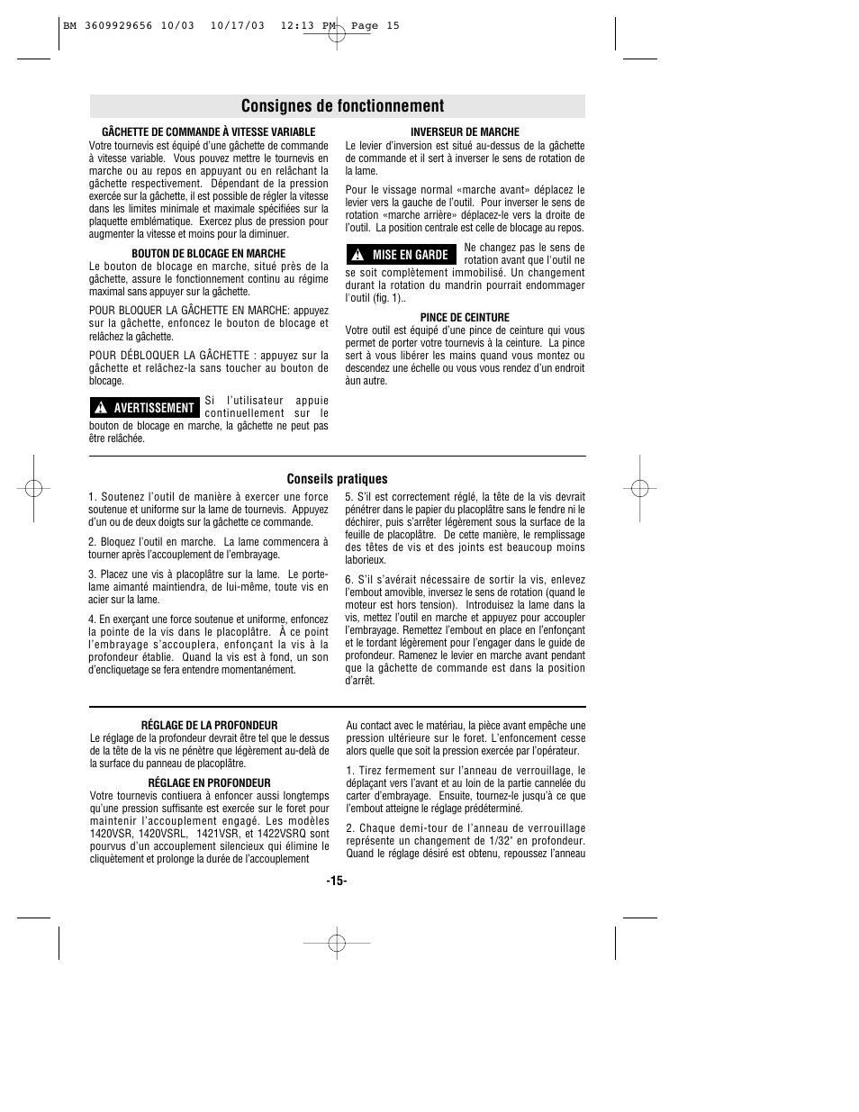 Consignes de fonctionnement | Bosch 1404VSRL User Manual | Page 15 / 28