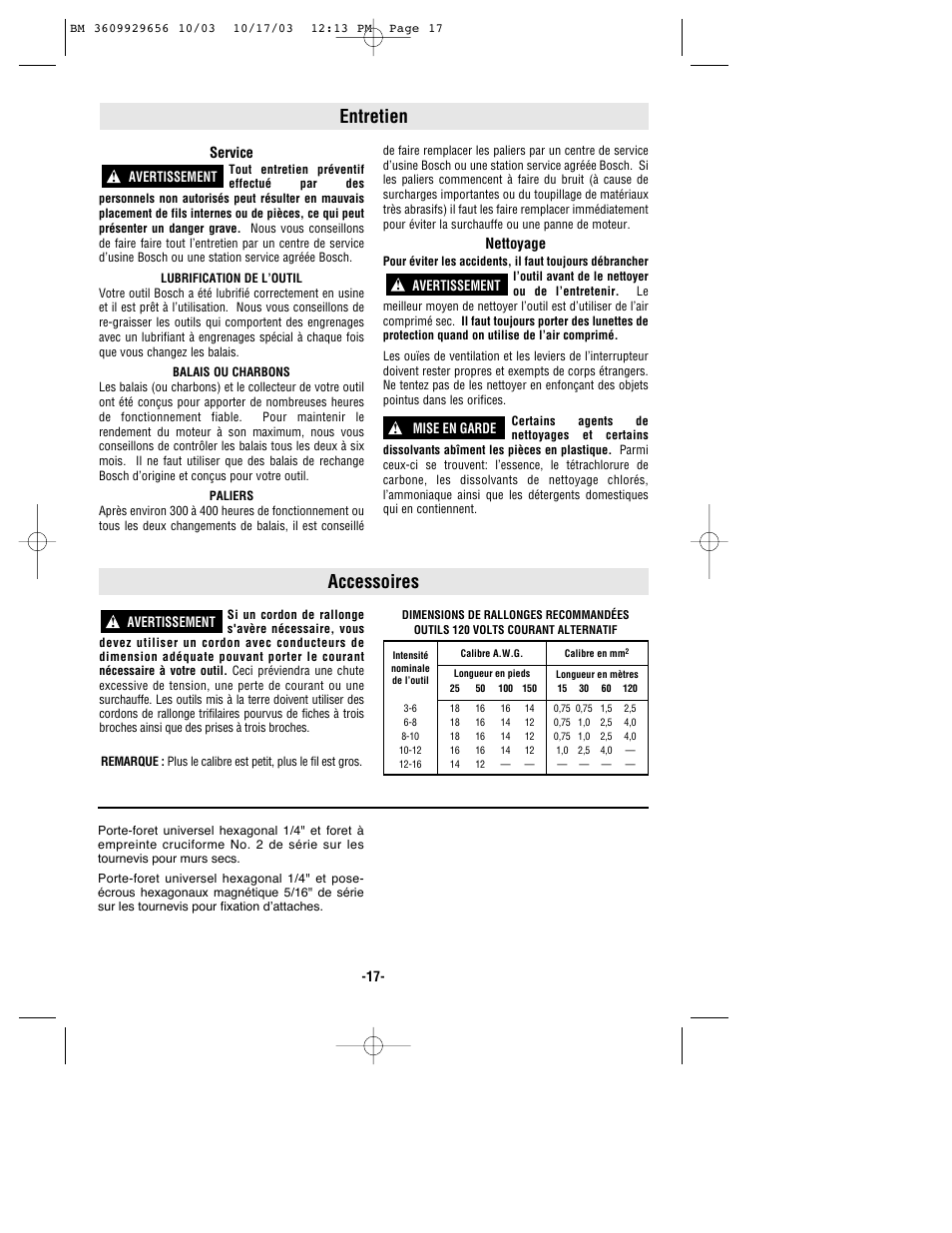 Entretien, Accessoires | Bosch 1404VSRL User Manual | Page 17 / 28