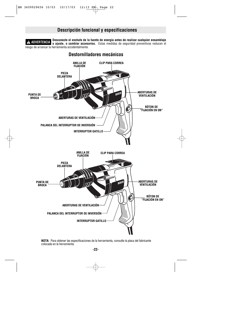 Descripción funcional y especificaciones, Destornilladores mecánicos | Bosch 1404VSRL User Manual | Page 22 / 28