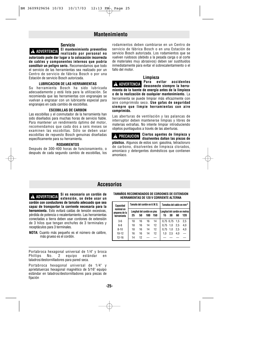 Mantenimiento, Accesorios | Bosch 1404VSRL User Manual | Page 25 / 28