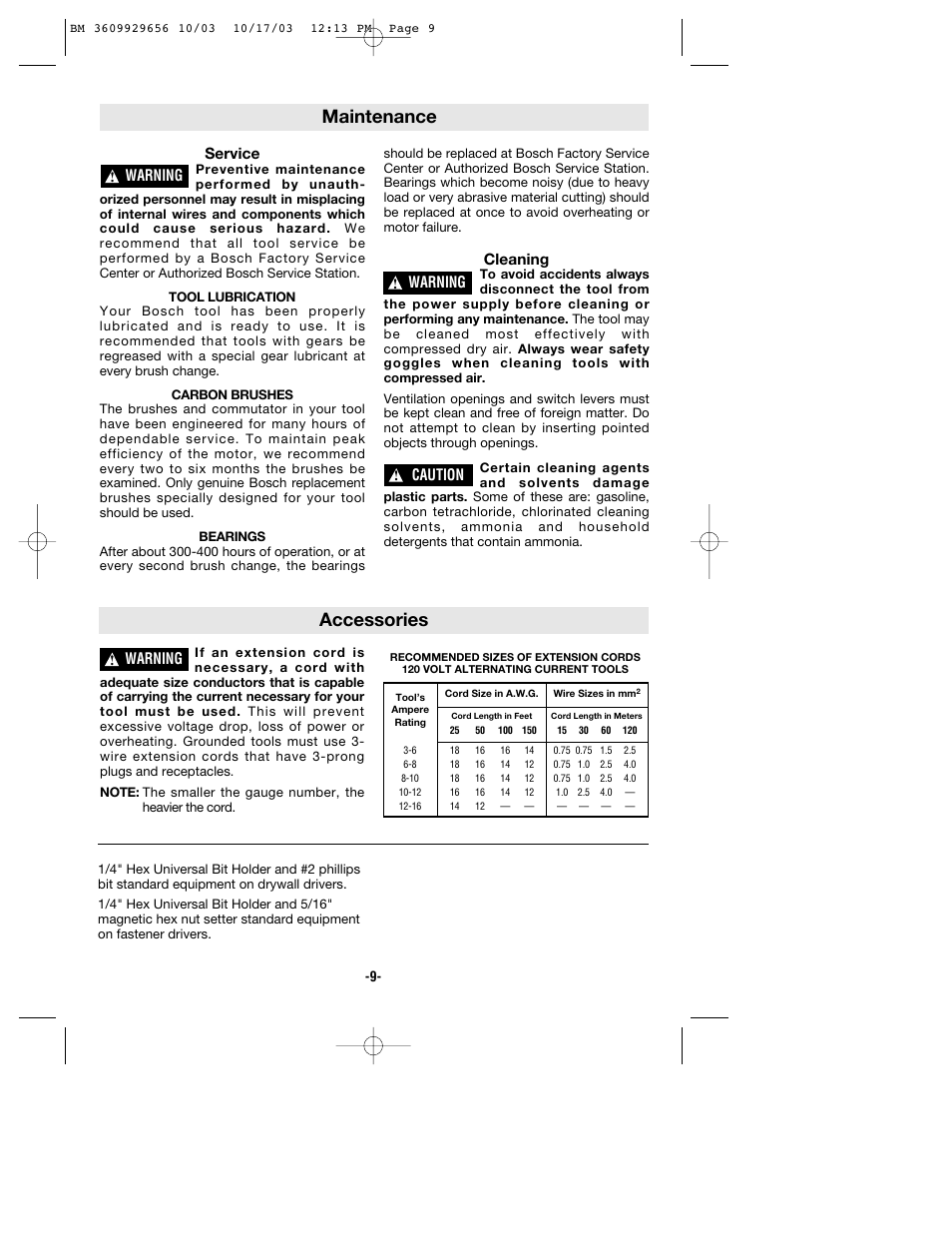 Maintenance, Accessories, Service | Cleaning, Warning, Caution | Bosch 1404VSRL User Manual | Page 9 / 28