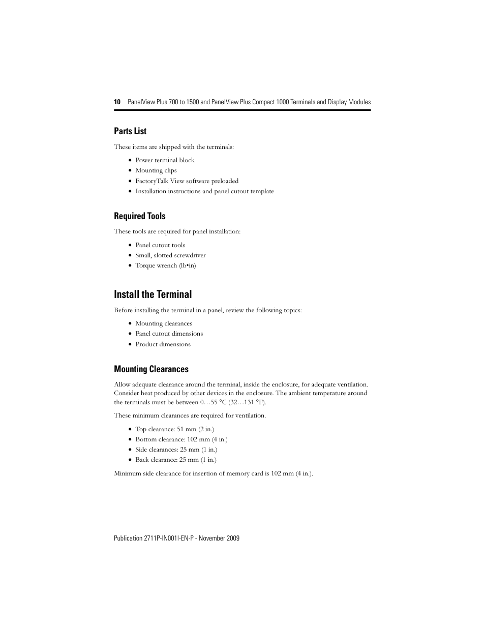 Install the terminal, Parts list, Required tools | Mounting clearances | Rockwell Automation 2711PC-T10C4D1 PanelView Plus Terminals and Display Modules User Manual | Page 10 / 32