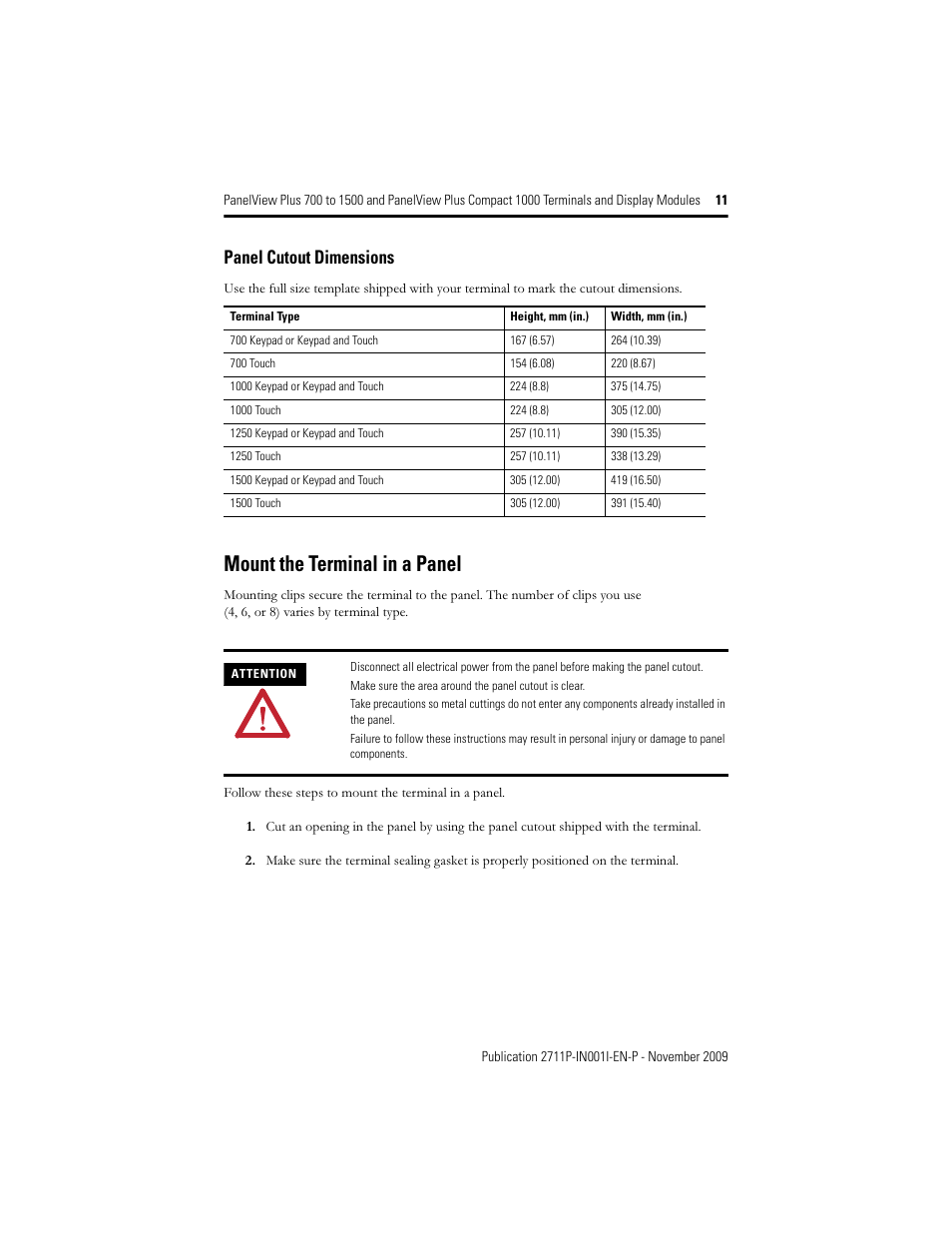 Mount the terminal in a panel, Panel cutout dimensions | Rockwell Automation 2711PC-T10C4D1 PanelView Plus Terminals and Display Modules User Manual | Page 11 / 32
