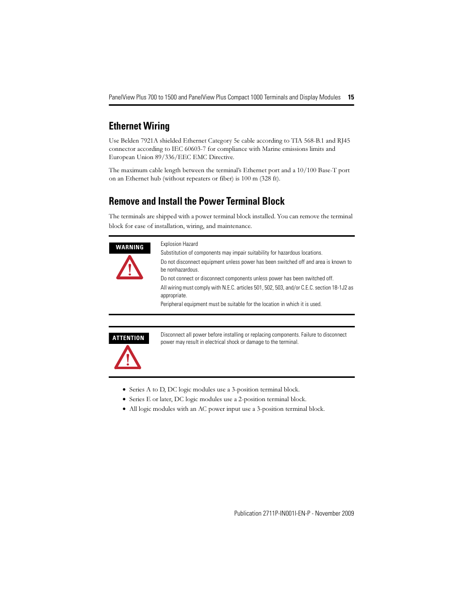 Ethernet wiring, Remove and install the power terminal block | Rockwell Automation 2711PC-T10C4D1 PanelView Plus Terminals and Display Modules User Manual | Page 15 / 32