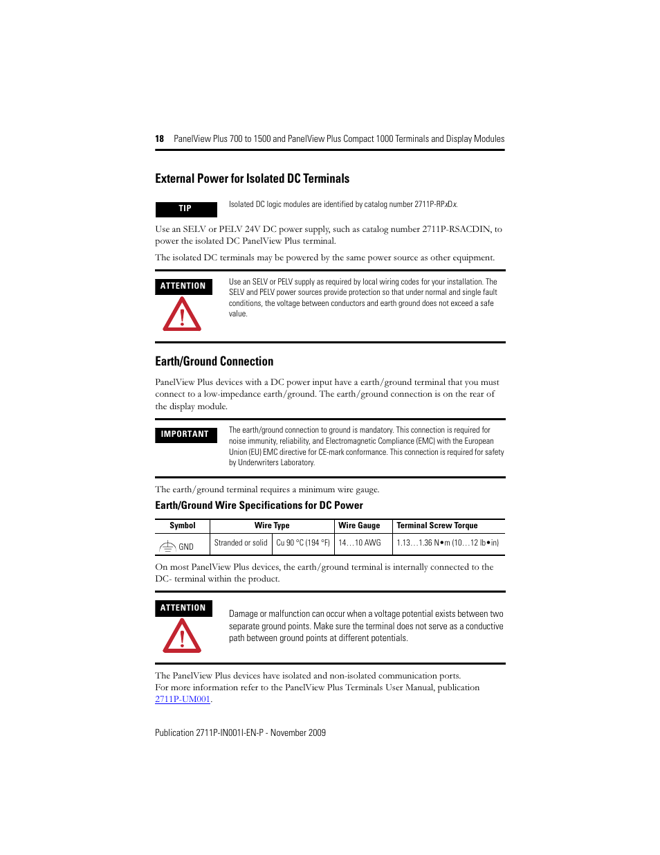 External power for isolated dc terminals, Earth/ground connection | Rockwell Automation 2711PC-T10C4D1 PanelView Plus Terminals and Display Modules User Manual | Page 18 / 32