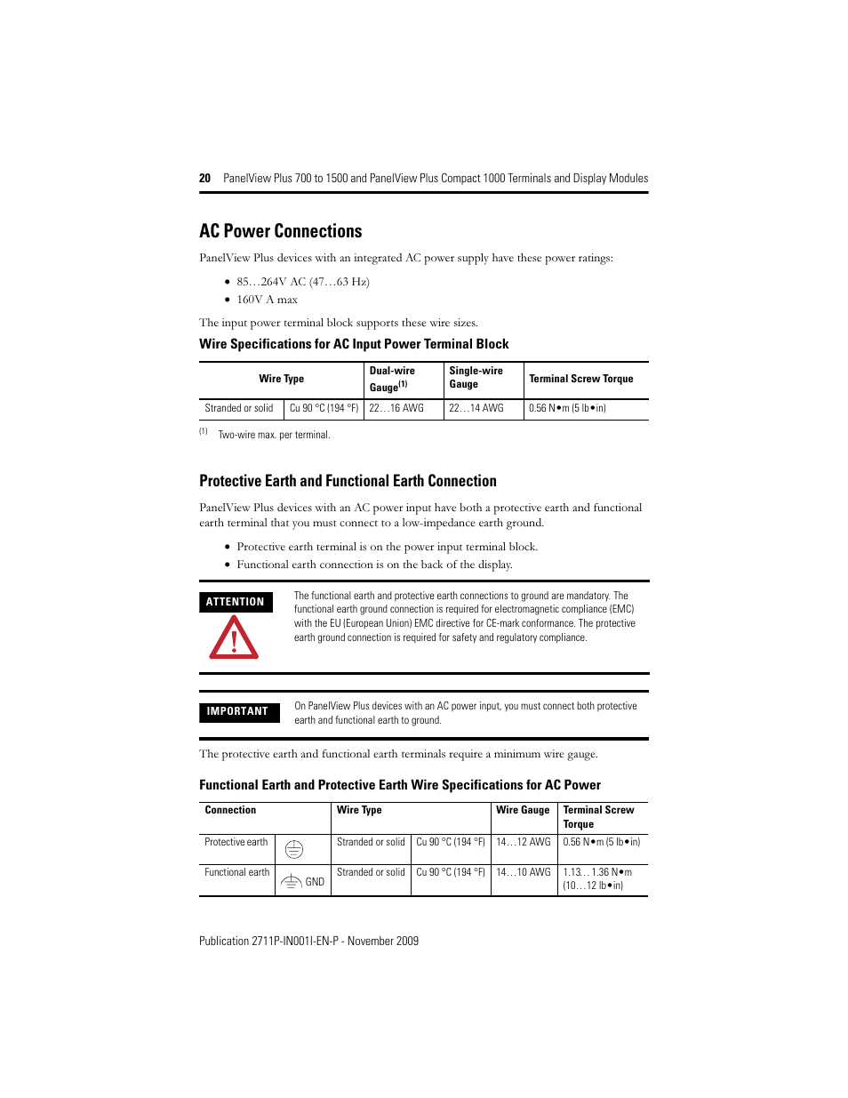 Ac power connections, Protective earth and functional earth connection | Rockwell Automation 2711PC-T10C4D1 PanelView Plus Terminals and Display Modules User Manual | Page 20 / 32