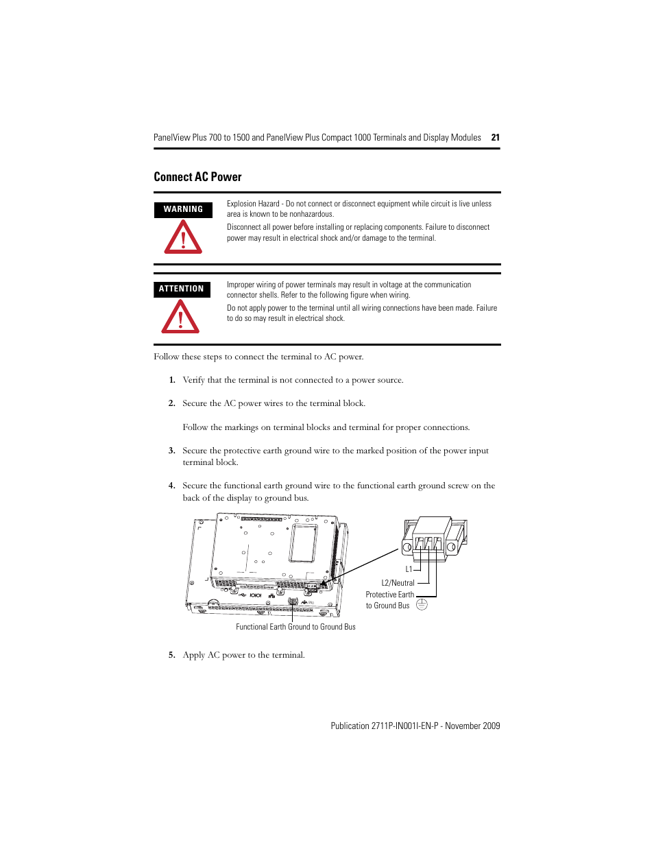 Connect ac power | Rockwell Automation 2711PC-T10C4D1 PanelView Plus Terminals and Display Modules User Manual | Page 21 / 32