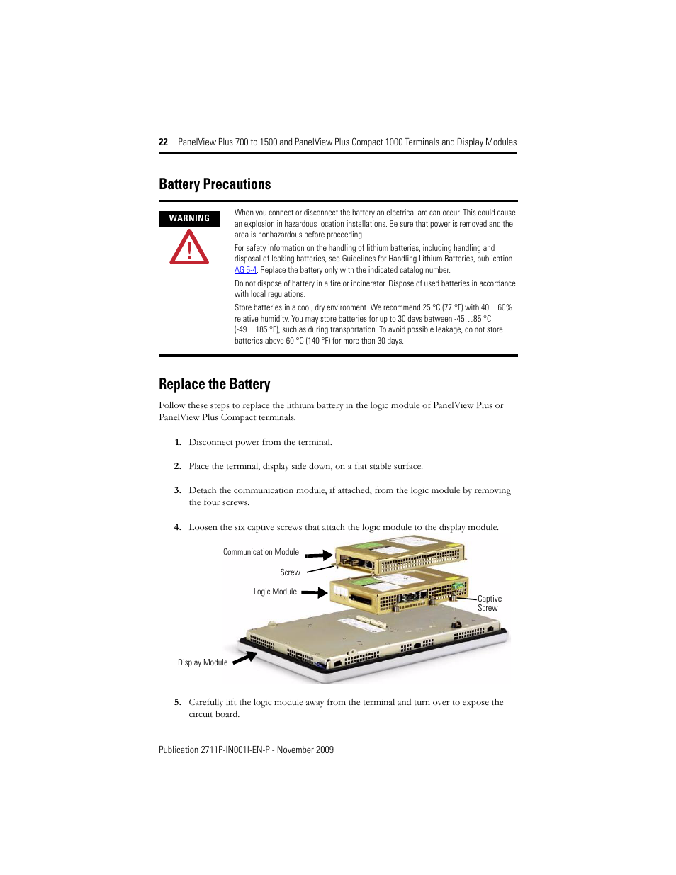 Battery precautions, Replace the battery, Battery precautions replace the battery | Rockwell Automation 2711PC-T10C4D1 PanelView Plus Terminals and Display Modules User Manual | Page 22 / 32