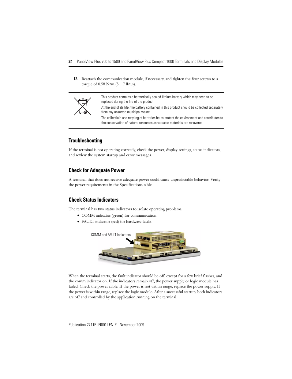 Troubleshooting, Check for adequate power, Check status indicators | Rockwell Automation 2711PC-T10C4D1 PanelView Plus Terminals and Display Modules User Manual | Page 24 / 32