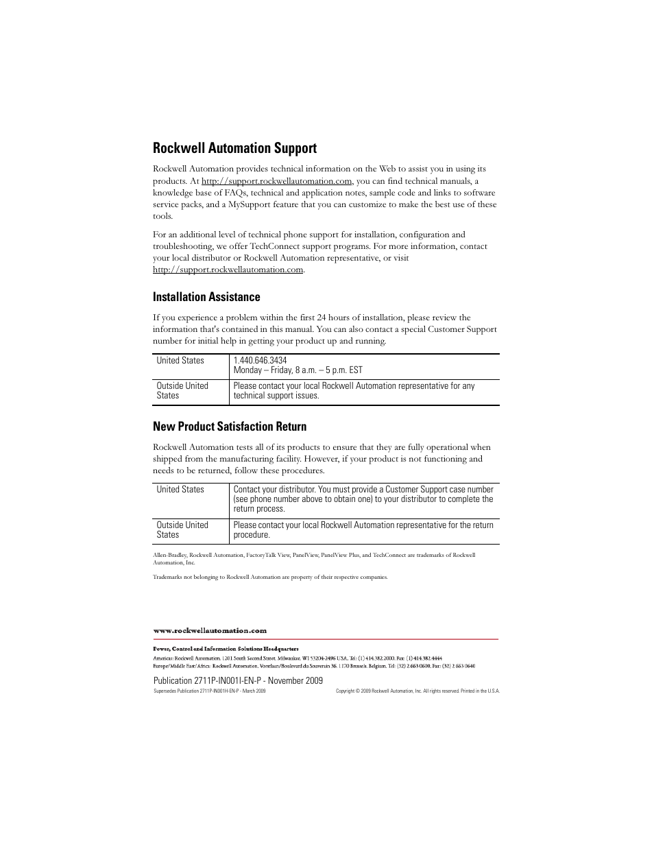 Rockwell automation support, Installation assistance, New product satisfaction return | Rockwell Automation 2711PC-T10C4D1 PanelView Plus Terminals and Display Modules User Manual | Page 32 / 32