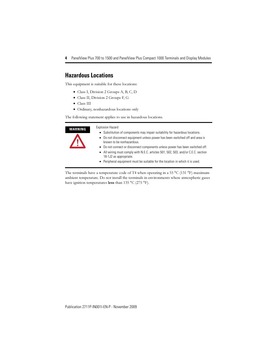 Hazardous locations | Rockwell Automation 2711PC-T10C4D1 PanelView Plus Terminals and Display Modules User Manual | Page 4 / 32