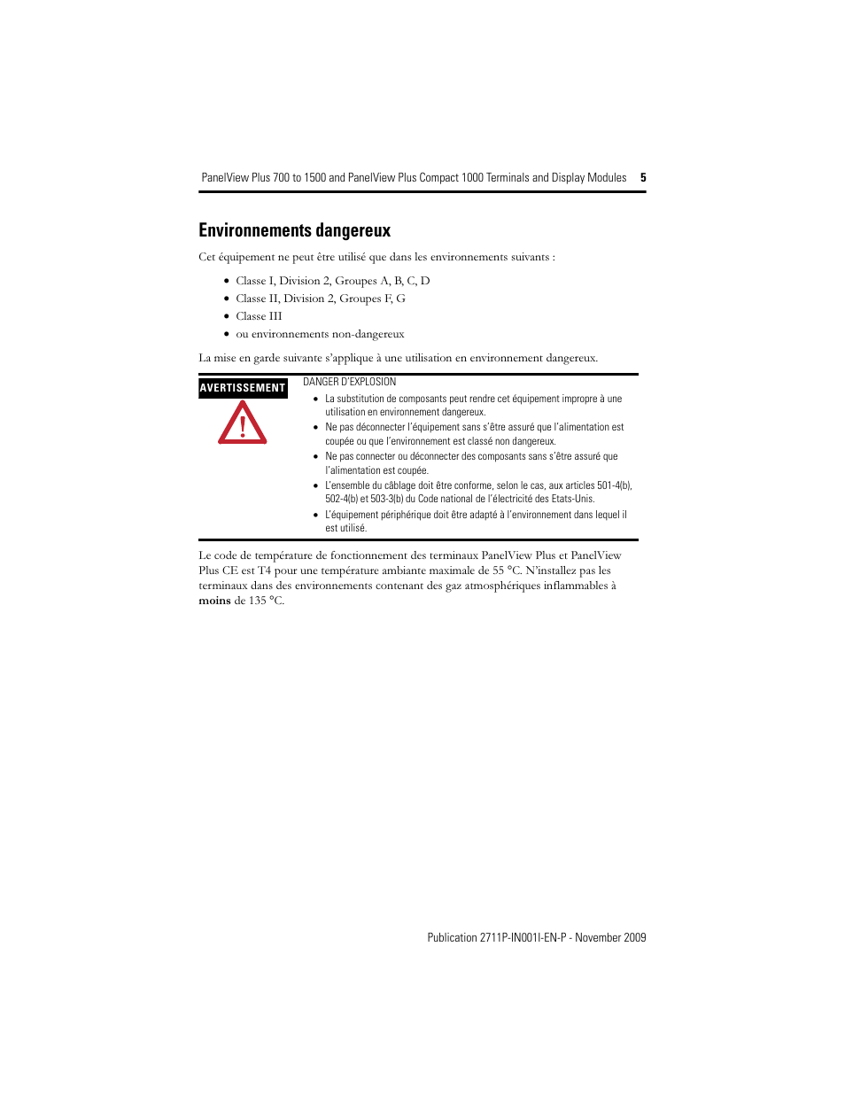 Environnements dangereux | Rockwell Automation 2711PC-T10C4D1 PanelView Plus Terminals and Display Modules User Manual | Page 5 / 32