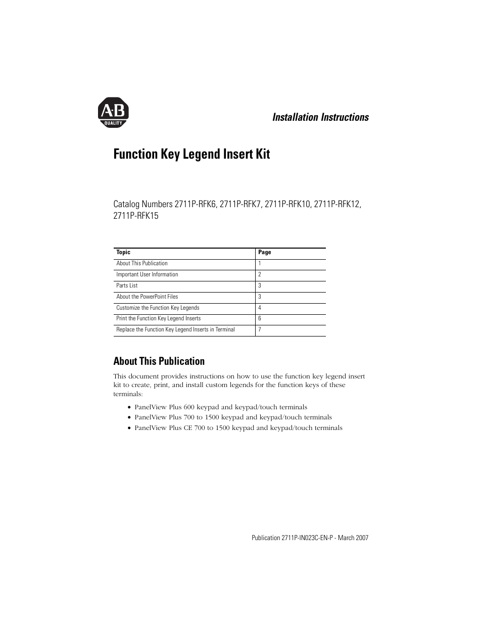 Rockwell Automation 2711P-RFKx Function Key Legend Kit User Manual | 8 pages