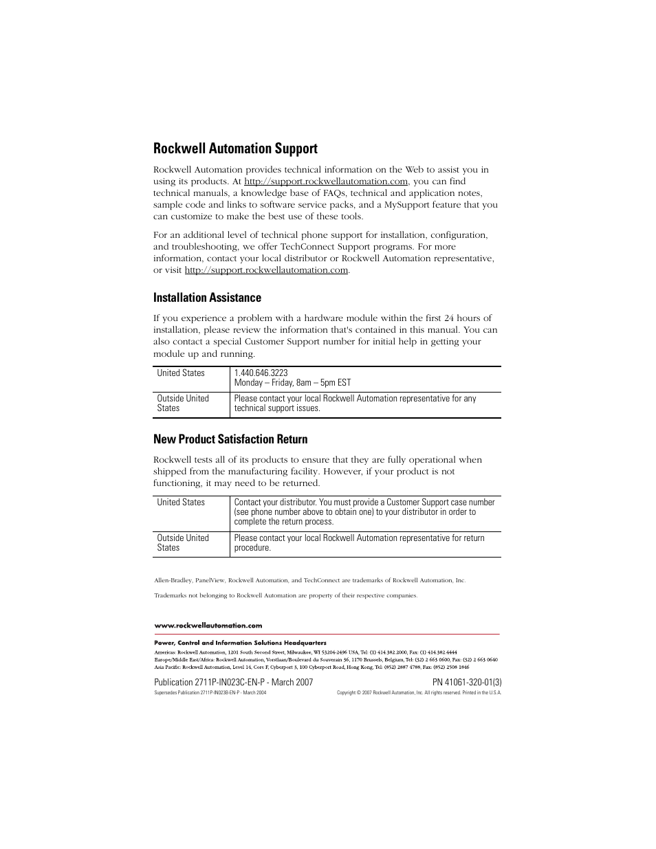 Back cover, Rockwell automation support, Installation assistance | New product satisfaction return | Rockwell Automation 2711P-RFKx Function Key Legend Kit User Manual | Page 8 / 8