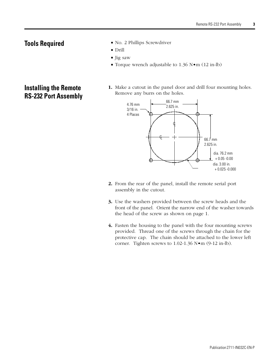 Tools required, Installing the remote rs-232 port assembly | Rockwell Automation 2711-NC17 Remote RS-232 Port Assembly User Manual | Page 11 / 12