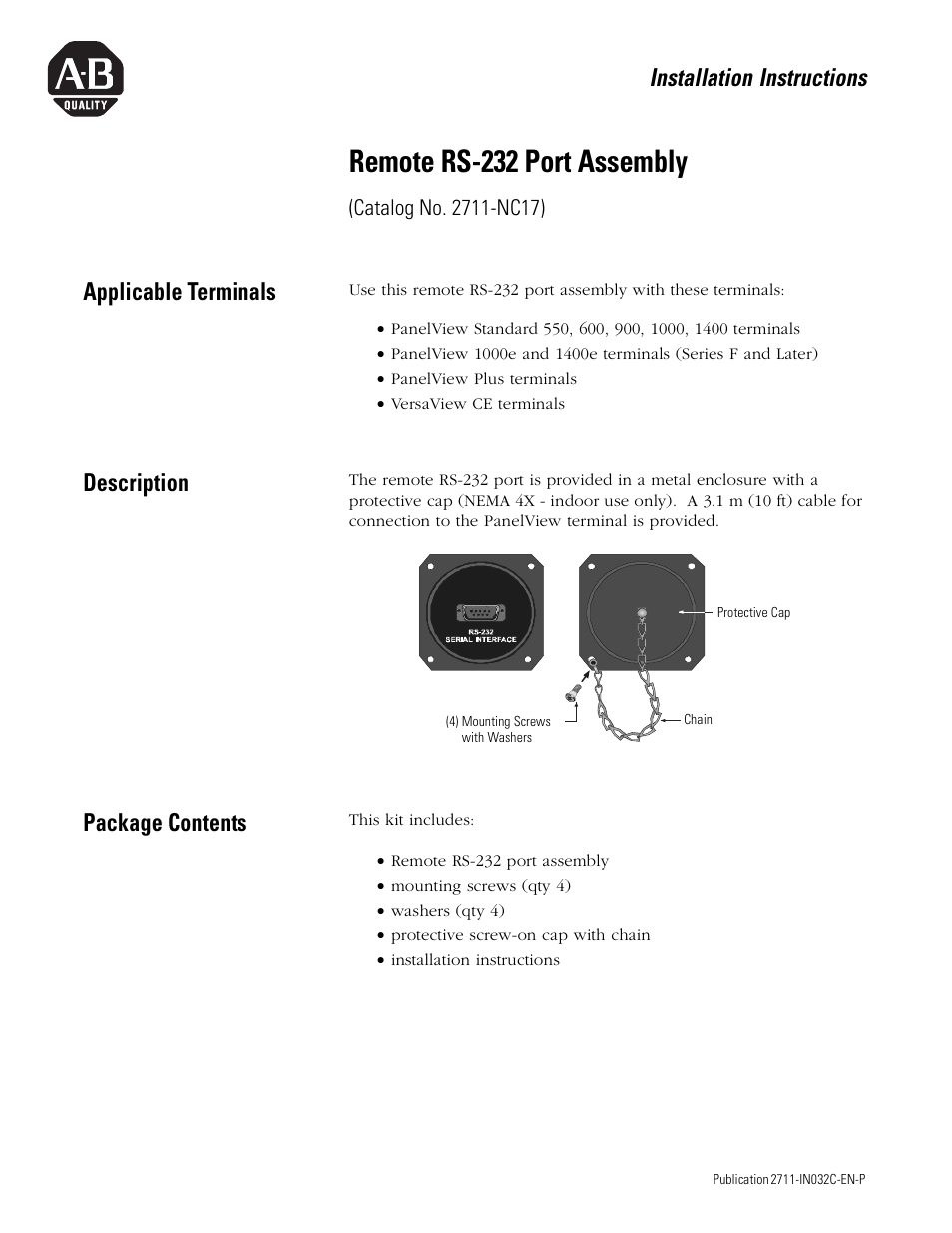 Remote rs-232 port assembly, Installation instructions, Applicable terminals | Description, Package contents | Rockwell Automation 2711-NC17 Remote RS-232 Port Assembly User Manual | Page 5 / 12