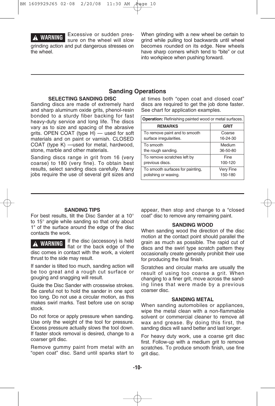 Warning sanding operations, Warning | Bosch 1811PS User Manual | Page 10 / 36