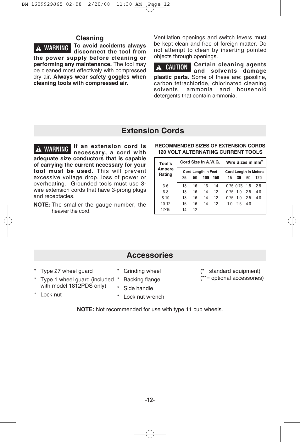 Accessories, Extension cords, Warning | Cleaning, Caution | Bosch 1811PS User Manual | Page 12 / 36