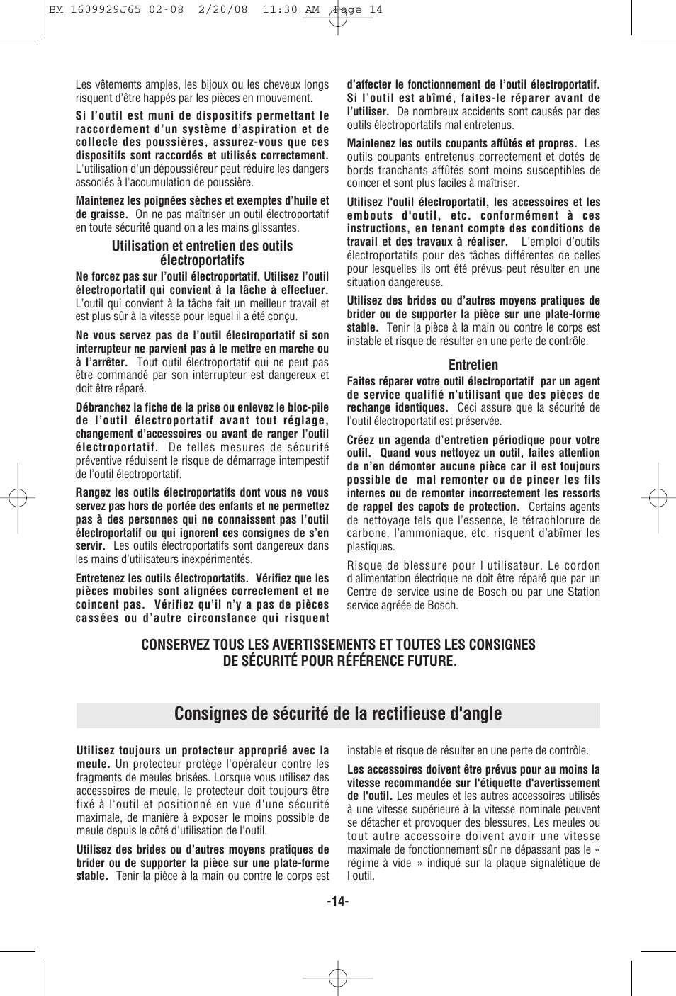 Consignes de sécurité de la rectifieuse d'angle | Bosch 1811PS User Manual | Page 14 / 36