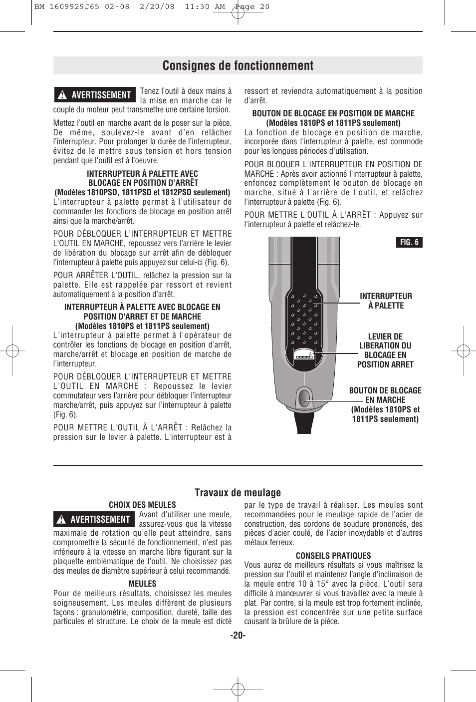 Consignes de fonctionnement, Travaux de meulage | Bosch 1811PS User Manual | Page 20 / 36