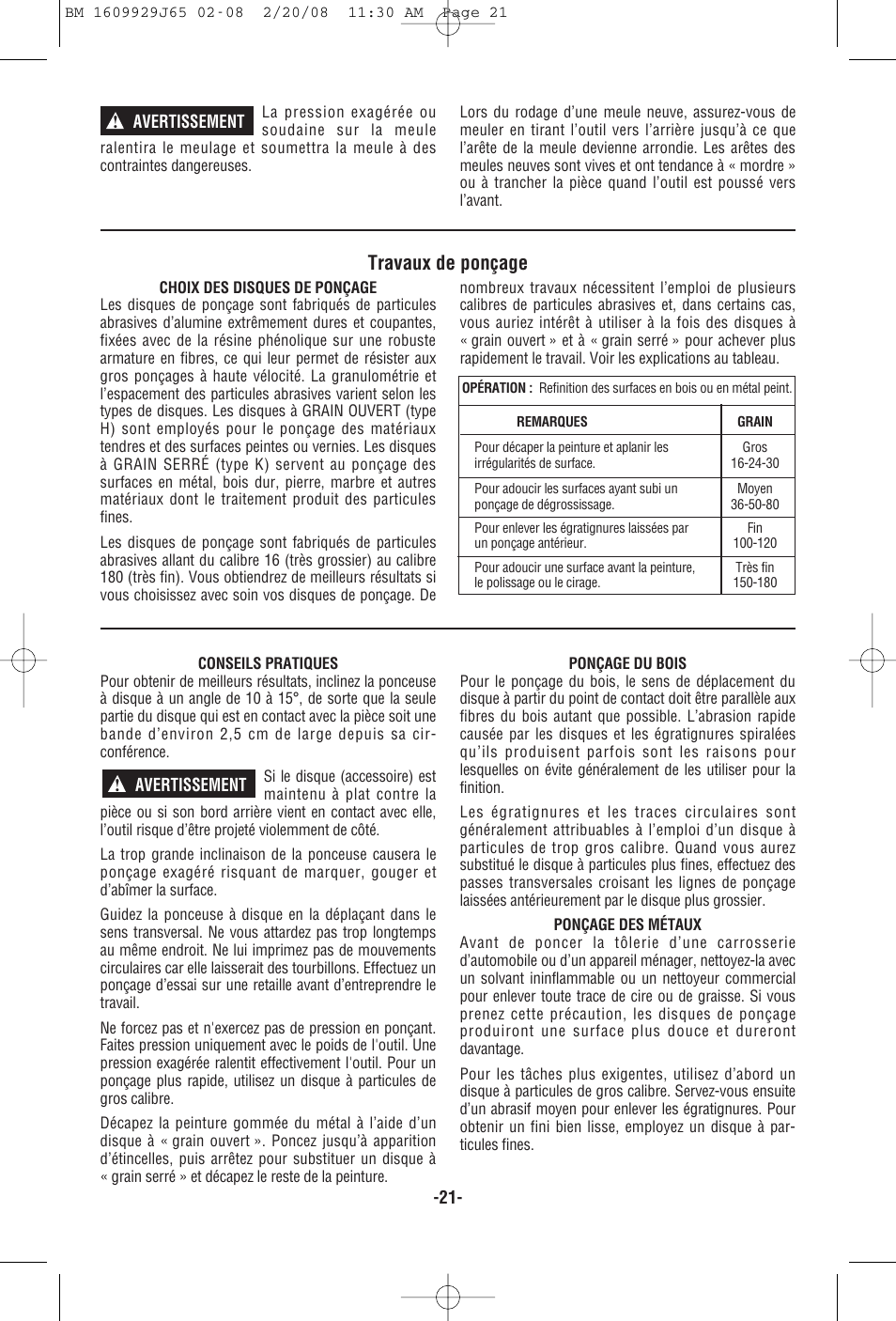 Travaux de ponçage | Bosch 1811PS User Manual | Page 21 / 36