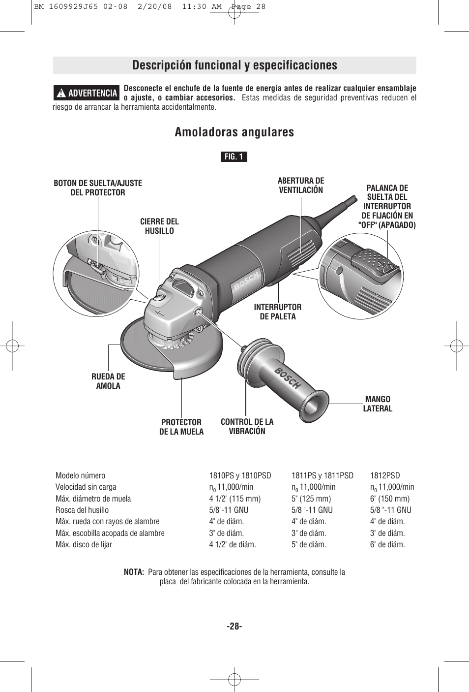 Descripción funcional y especificaciones, Amoladoras angulares | Bosch 1811PS User Manual | Page 28 / 36