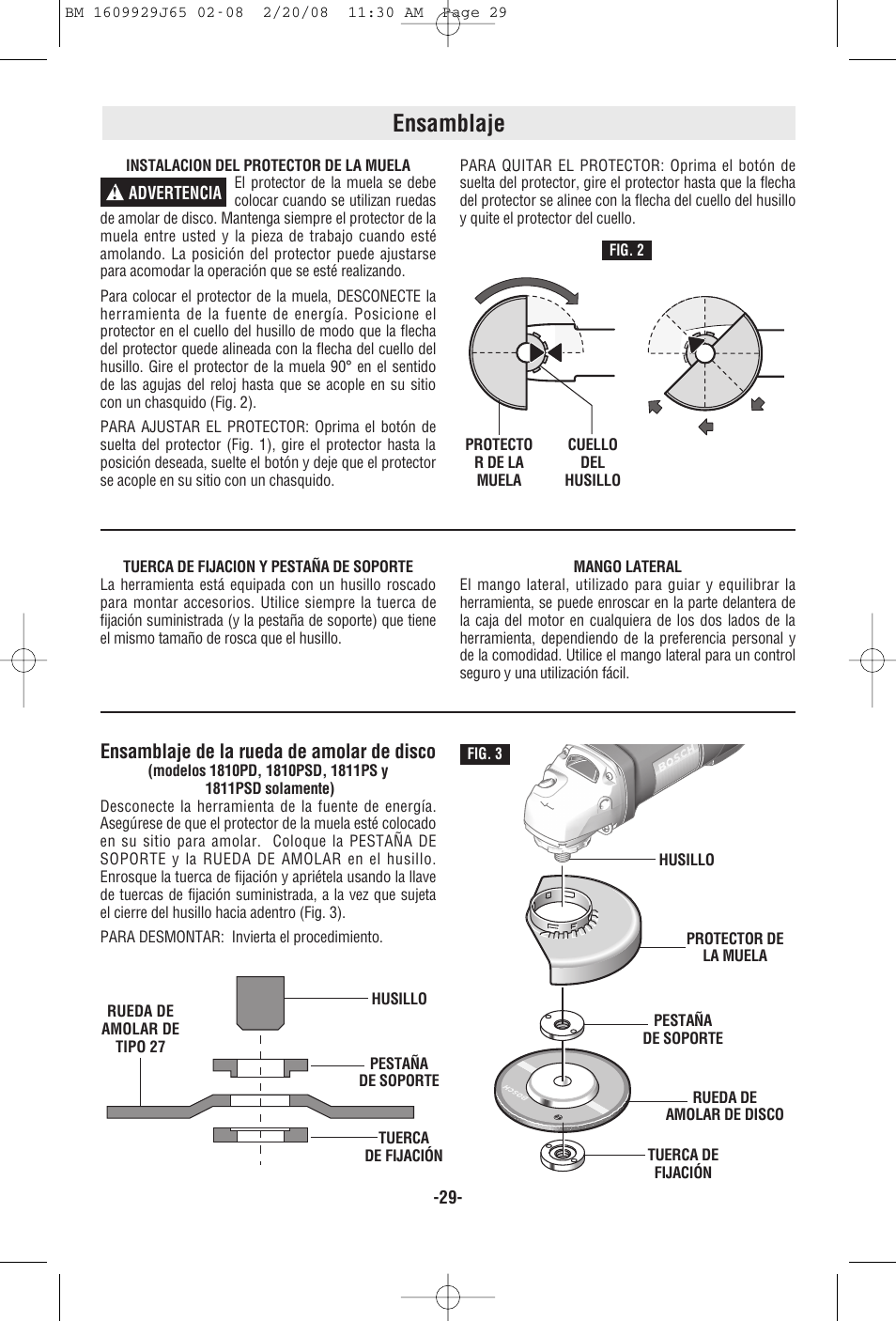 Ensamblaje, Ensamblaje de la rueda de amolar de disco | Bosch 1811PS User Manual | Page 29 / 36