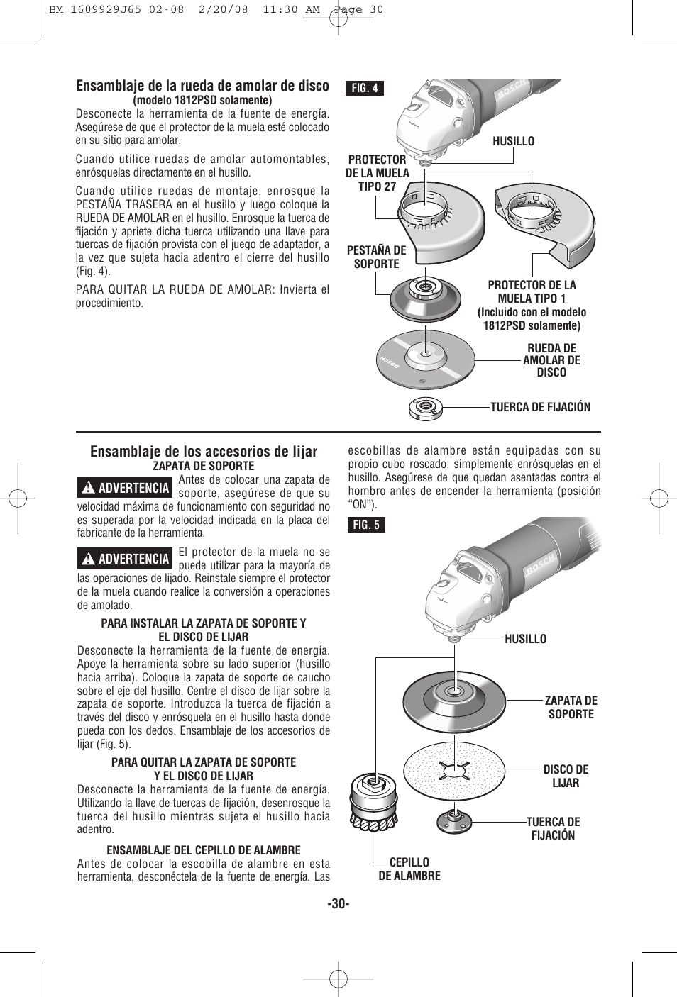 Ensamblaje de los accesorios de lijar, Ensamblaje de la rueda de amolar de disco | Bosch 1811PS User Manual | Page 30 / 36