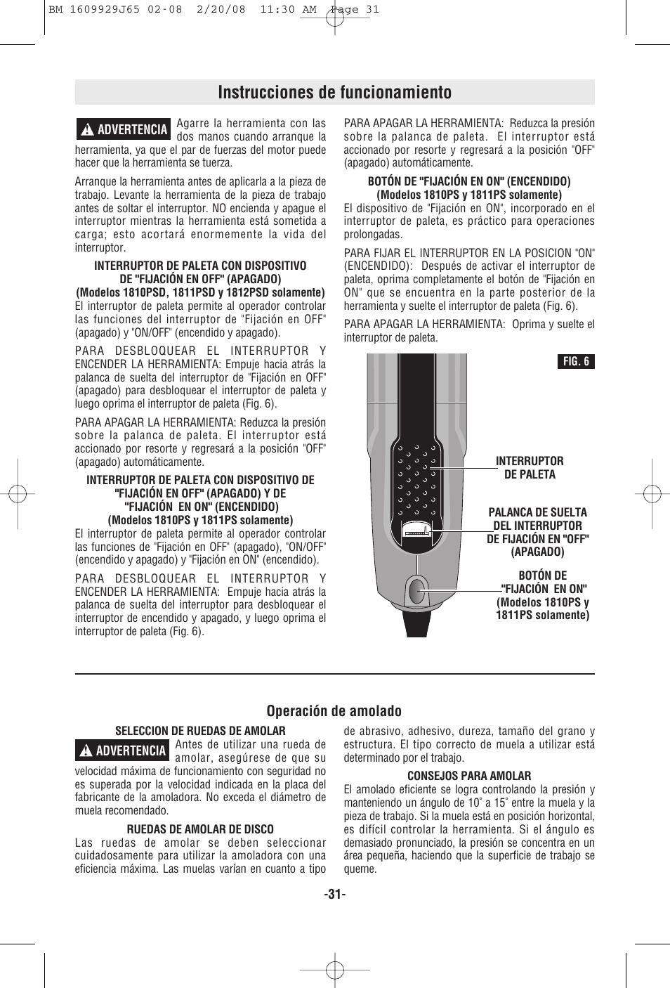 Instrucciones de funcionamiento, Operación de amolado | Bosch 1811PS User Manual | Page 31 / 36