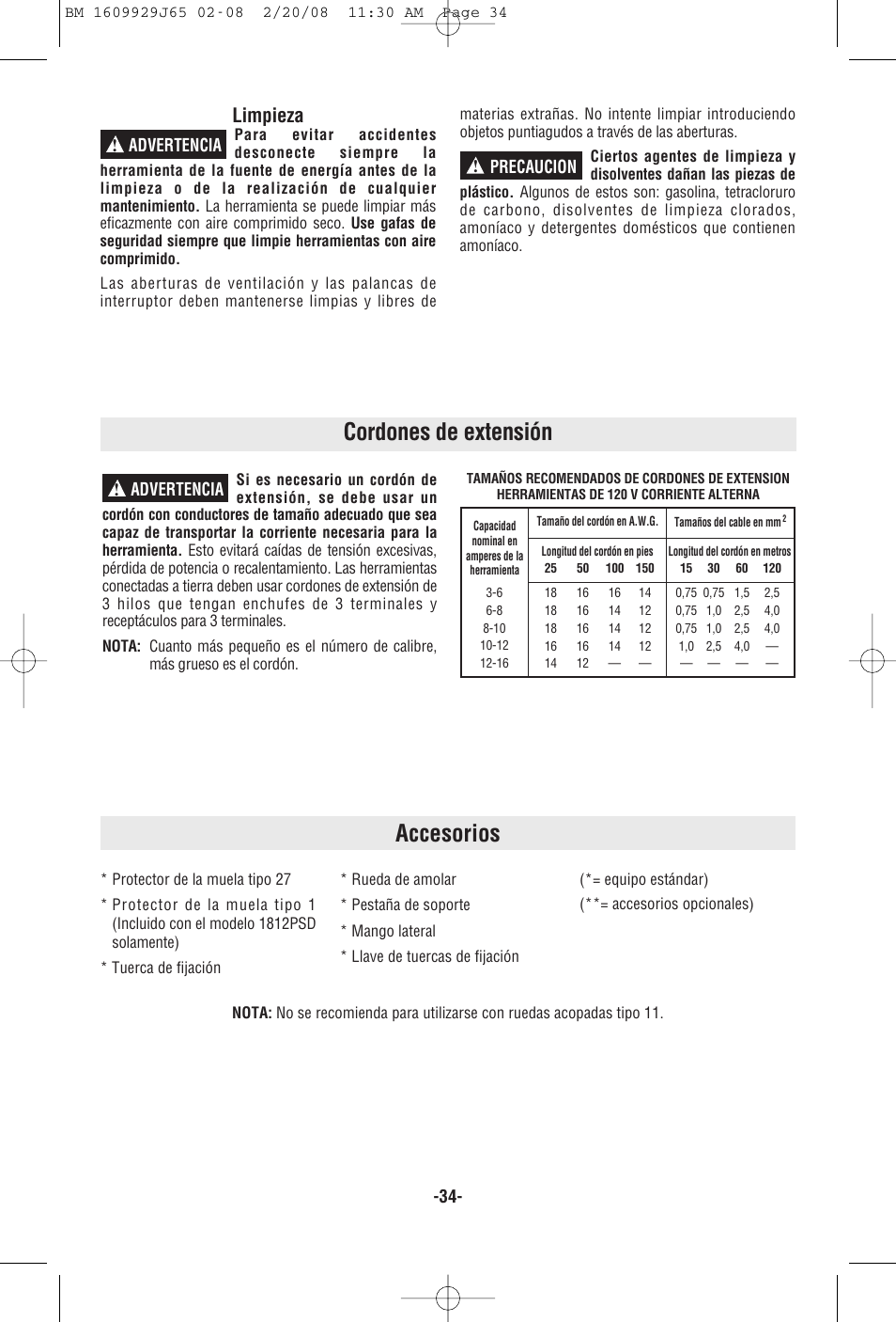 Accesorios, Cordones de extensión, Limpieza | Advertencia, Advertencia ! precaucion | Bosch 1811PS User Manual | Page 34 / 36