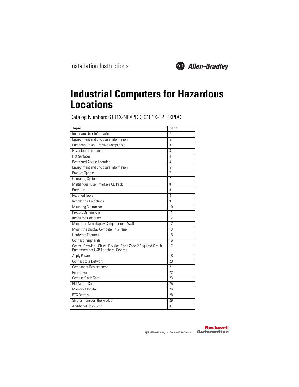 Rockwell Automation 6181X-12TPXPDC Industrial Integrated Computers for Hazardous Locations User Manual | 32 pages