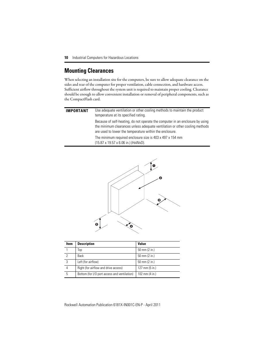 Mounting clearances | Rockwell Automation 6181X-12TPXPDC Industrial Integrated Computers for Hazardous Locations User Manual | Page 10 / 32