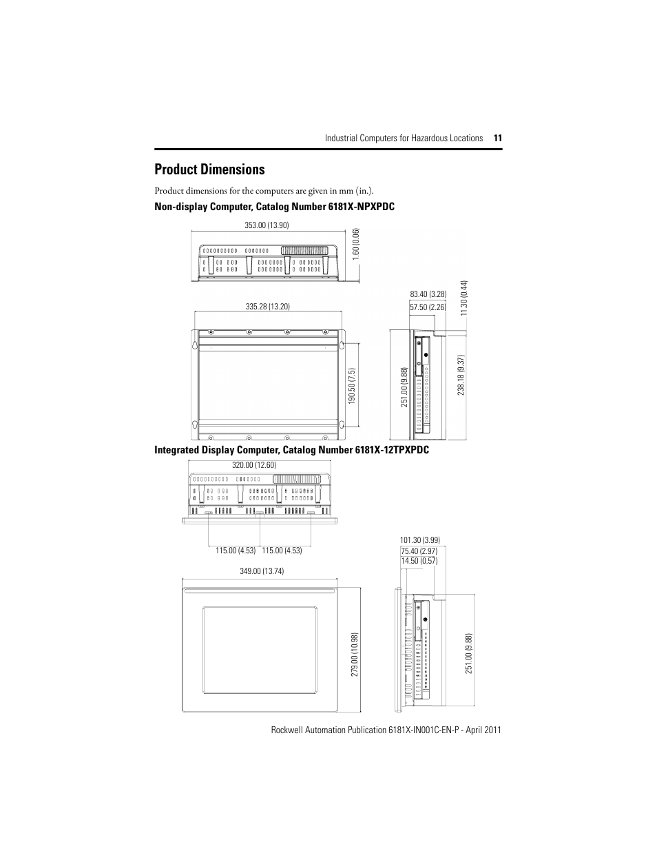 Product dimensions | Rockwell Automation 6181X-12TPXPDC Industrial Integrated Computers for Hazardous Locations User Manual | Page 11 / 32