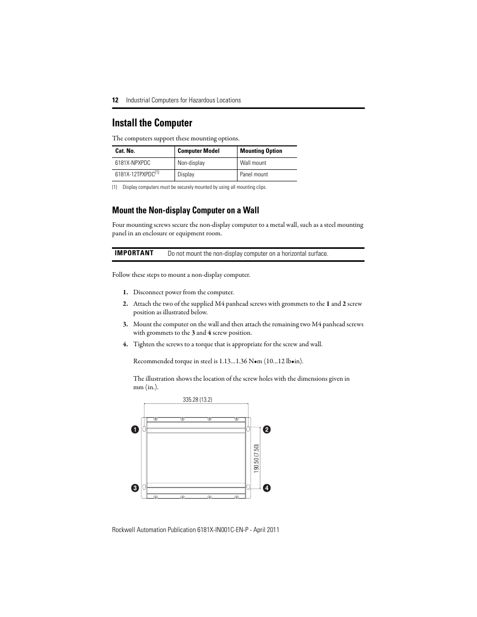 Install the computer, Mount the non-display computer on a wall | Rockwell Automation 6181X-12TPXPDC Industrial Integrated Computers for Hazardous Locations User Manual | Page 12 / 32