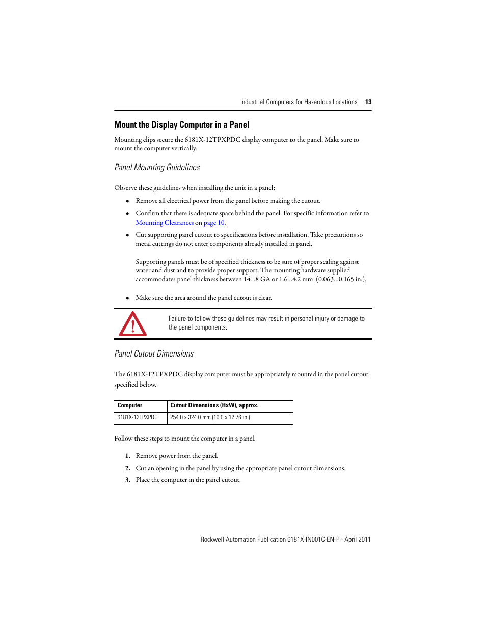 Mount the display computer in a panel | Rockwell Automation 6181X-12TPXPDC Industrial Integrated Computers for Hazardous Locations User Manual | Page 13 / 32