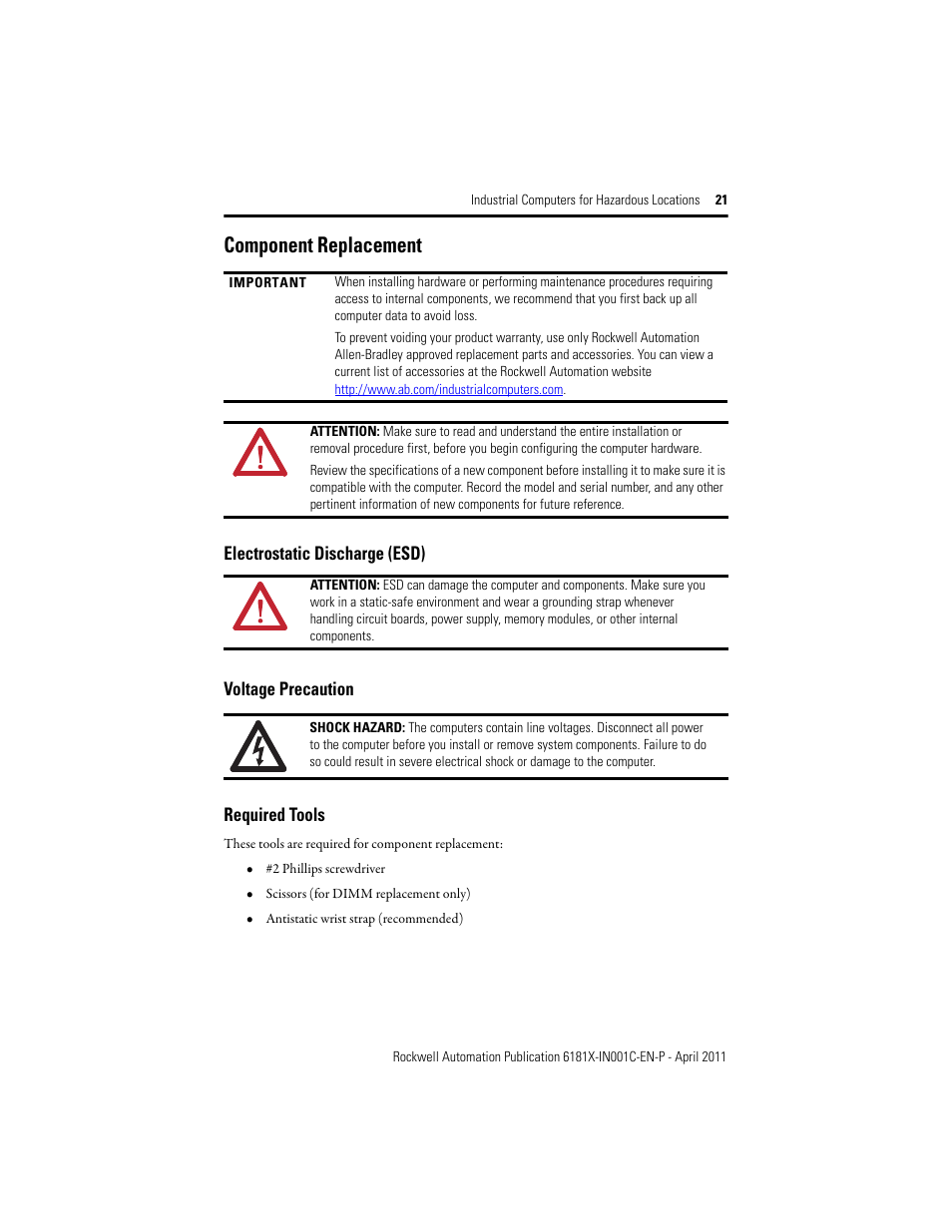 Component replacement, Required tools | Rockwell Automation 6181X-12TPXPDC Industrial Integrated Computers for Hazardous Locations User Manual | Page 21 / 32