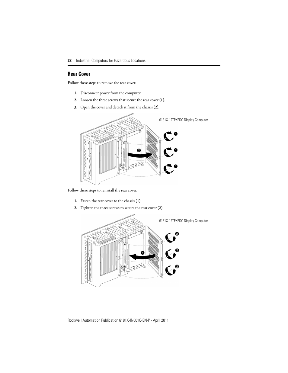 Rear cover | Rockwell Automation 6181X-12TPXPDC Industrial Integrated Computers for Hazardous Locations User Manual | Page 22 / 32