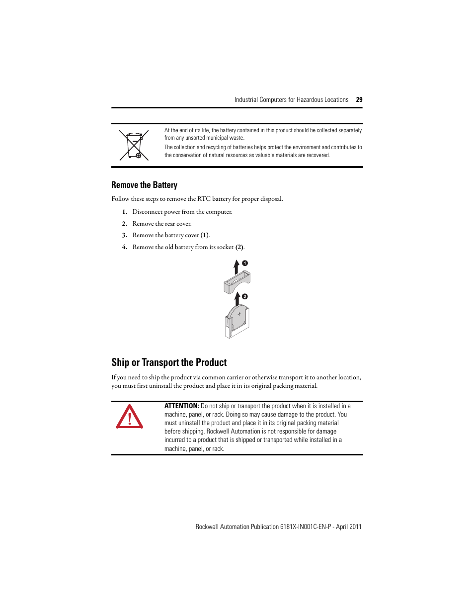 Remove the battery, Ship or transport the product | Rockwell Automation 6181X-12TPXPDC Industrial Integrated Computers for Hazardous Locations User Manual | Page 29 / 32