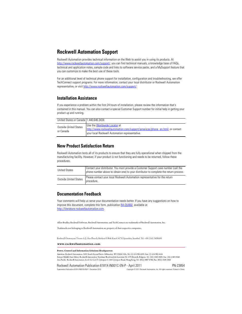 Back cover, Rockwell automation support, Installation assistance | New product satisfaction return, Documentation feedback | Rockwell Automation 6181X-12TPXPDC Industrial Integrated Computers for Hazardous Locations User Manual | Page 32 / 32