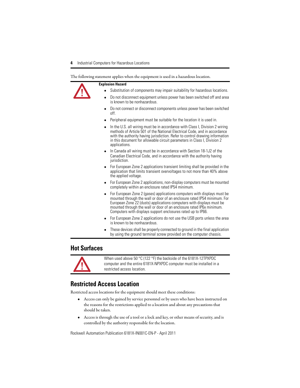 Hot surfaces, Restricted access location, Hot surfaces restricted access location | Rockwell Automation 6181X-12TPXPDC Industrial Integrated Computers for Hazardous Locations User Manual | Page 4 / 32