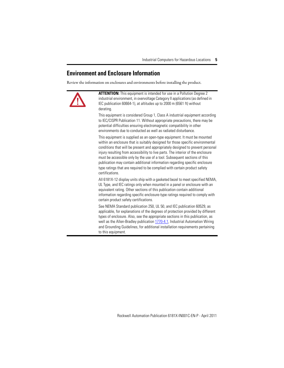 Environment and enclosure information | Rockwell Automation 6181X-12TPXPDC Industrial Integrated Computers for Hazardous Locations User Manual | Page 5 / 32