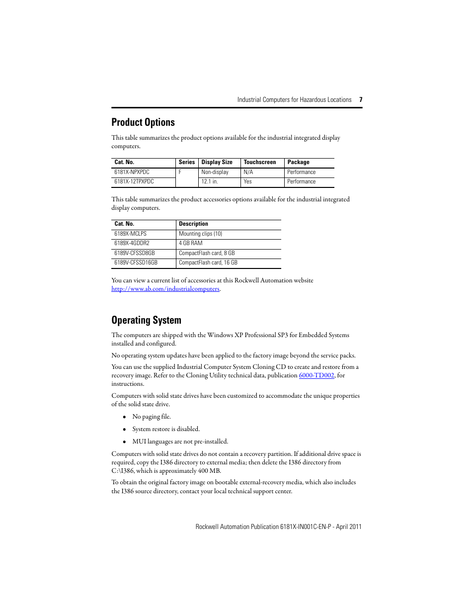 Product options, Operating system | Rockwell Automation 6181X-12TPXPDC Industrial Integrated Computers for Hazardous Locations User Manual | Page 7 / 32