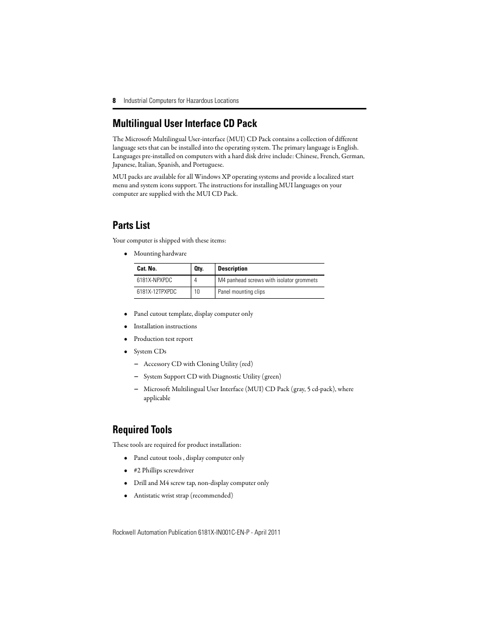 Multilingual user interface cd pack, Parts list, Required tools | Rockwell Automation 6181X-12TPXPDC Industrial Integrated Computers for Hazardous Locations User Manual | Page 8 / 32