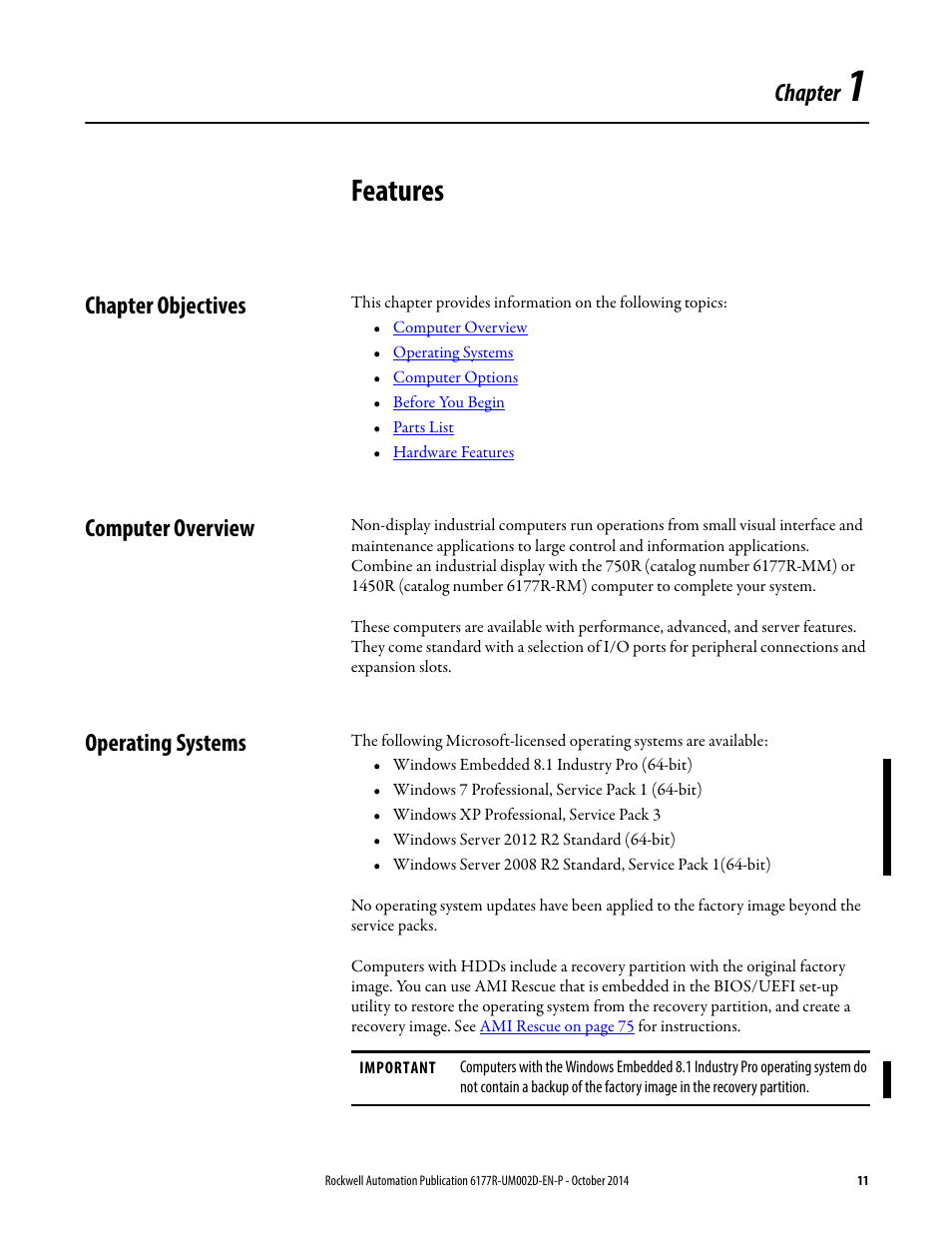 1 - features, Chapter objectives, Computer overview | Operating systems, Chapter 1, Features, Chapter | Rockwell Automation 6189V-xxxx Non-display Industrial Computers User Manual User Manual | Page 11 / 108