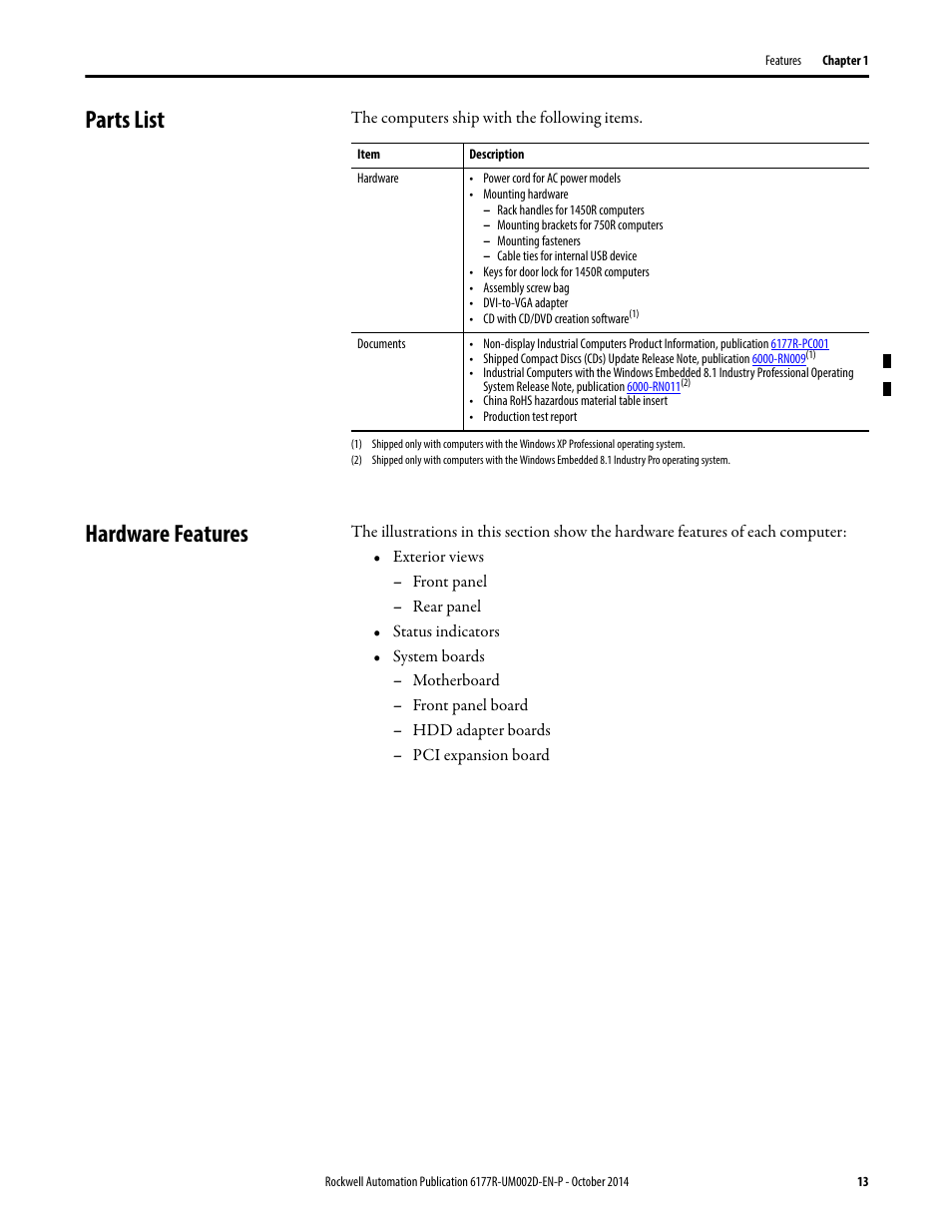 Parts list, Hardware features, Parts list hardware features | Rockwell Automation 6189V-xxxx Non-display Industrial Computers User Manual User Manual | Page 13 / 108