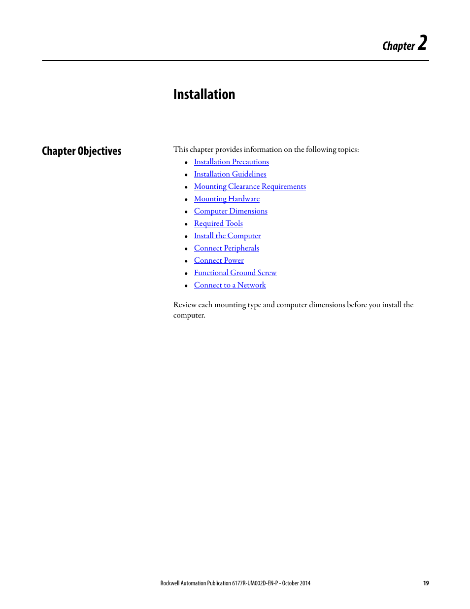 2 - installation, Chapter objectives, Chapter 2 | Installation, Chapter | Rockwell Automation 6189V-xxxx Non-display Industrial Computers User Manual User Manual | Page 19 / 108