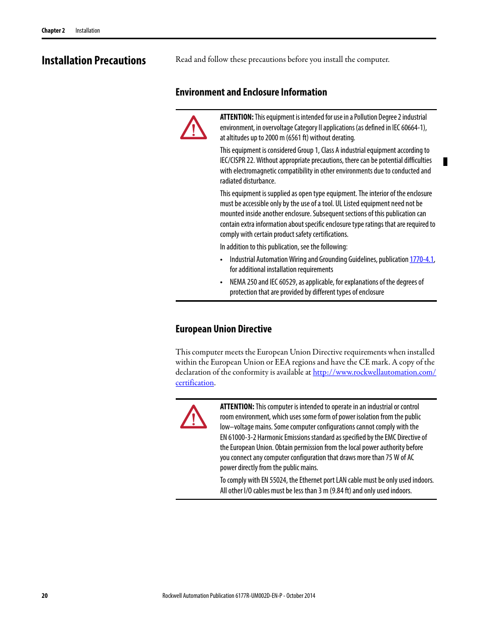 Installation precautions, Environment and enclosure information, European union directive | Rockwell Automation 6189V-xxxx Non-display Industrial Computers User Manual User Manual | Page 20 / 108