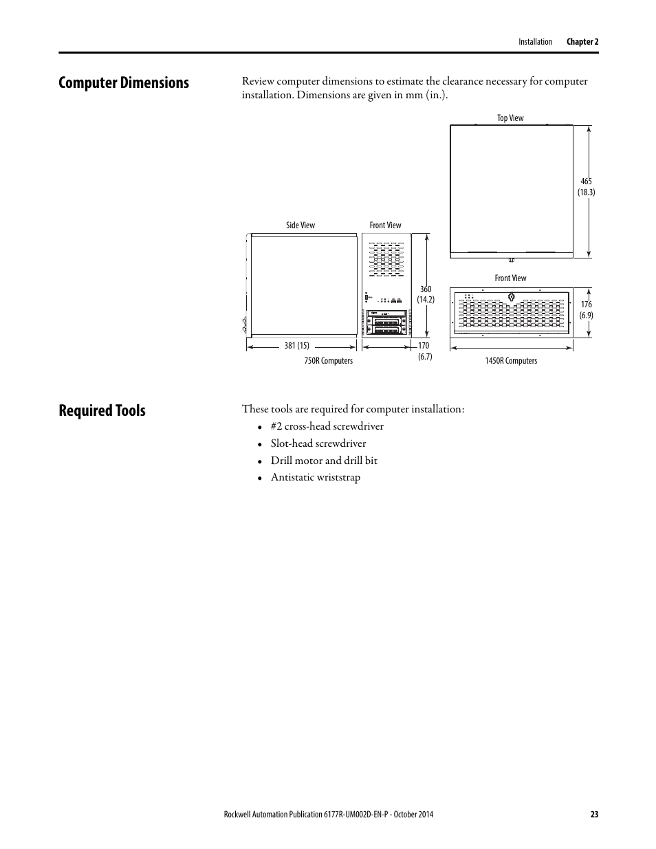 Computer dimensions, Required tools, Computer dimensions required tools | Rockwell Automation 6189V-xxxx Non-display Industrial Computers User Manual User Manual | Page 23 / 108